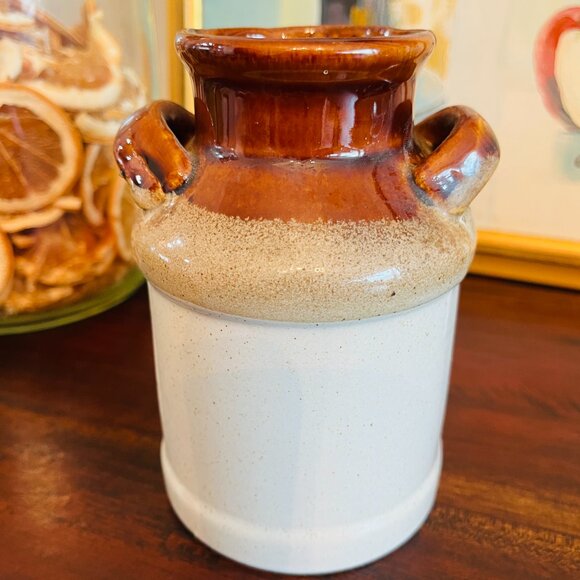 Vintage Stoneware White and Brown Milk Jug Croc Cottagecore Grandpa Grandma 5.25 - Picture 2 of 6
